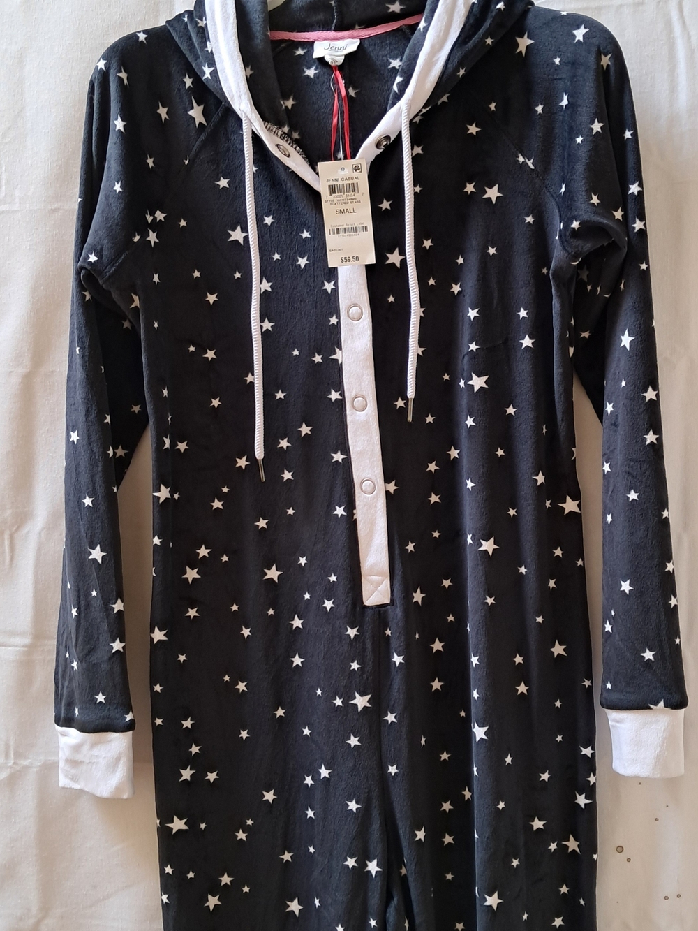 Jenni Intimates Women Black Scattered Stars Hooded Pajama Union Suit Small NEW